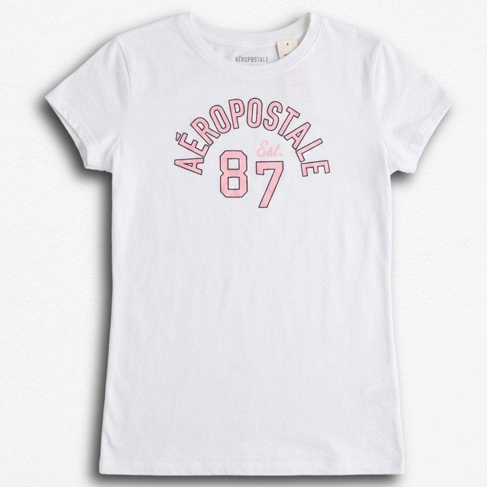 Aeropostale Womens White Graphic T-Shirt‎ Pink Logo 87 Est Varsity Tee Large